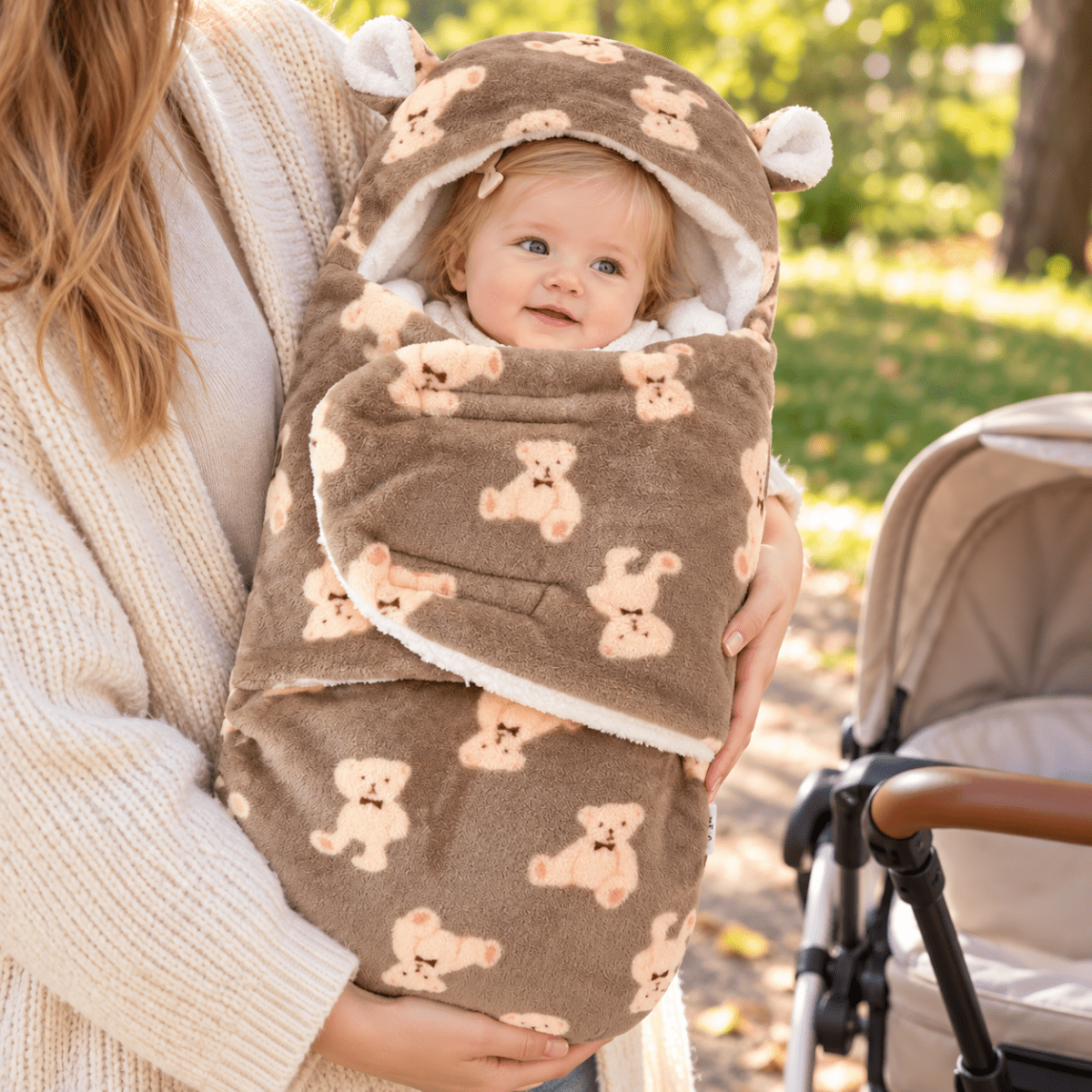 Nid d’ange bébé brun à motifs de petits oursons, avec capuche à oreilles et doublure blanche effet moutonné, porté dans les bras