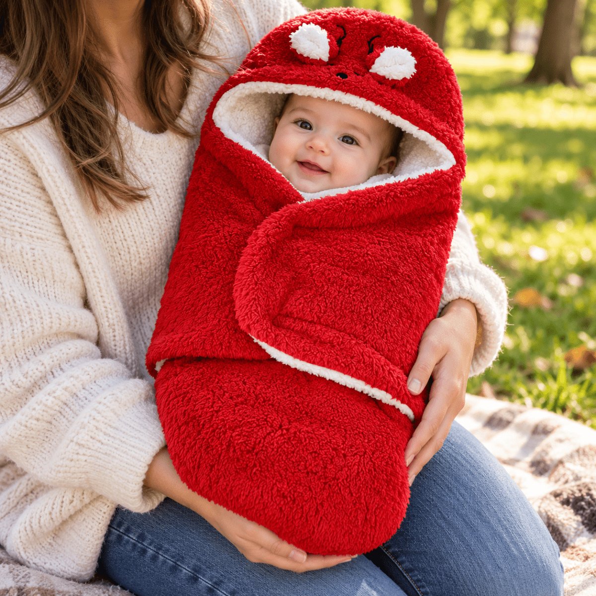 Nid d’ange bébé rouge avec capuche à petites oreilles, doublure blanche effet moutonné et rabat frontal enveloppant