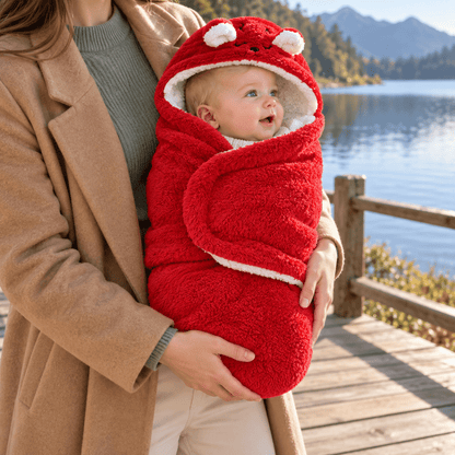 Nid d’ange bébé rouge uni à capuche animale, porté dans les bras près d’un lac, avec intérieur blanc effet moutonné