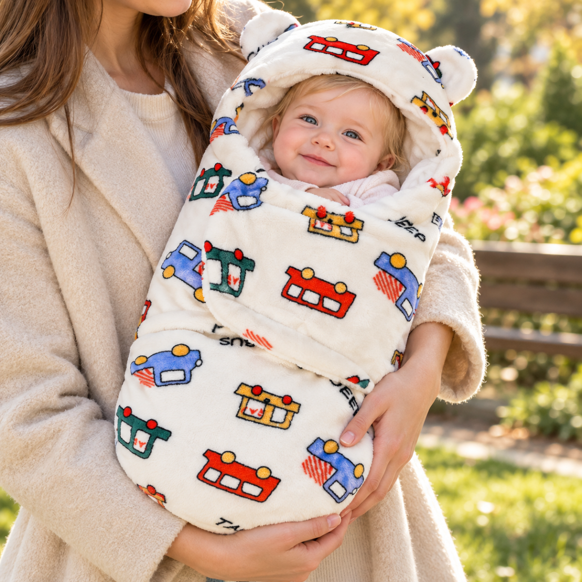 Nid d’ange bébé écru à motifs de véhicules multicolores, vue de face avec capuche à oreilles et rabat frontal