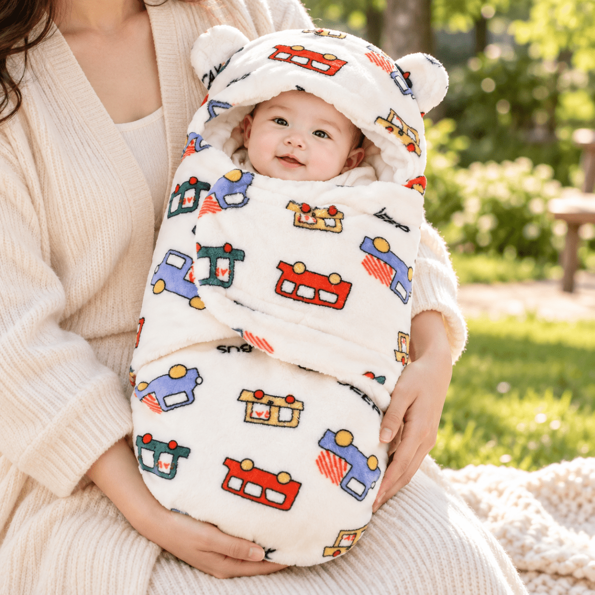 Nid d’ange bébé écru à motifs de véhicules multicolores, avec capuche à petites oreilles, présenté dans les bras