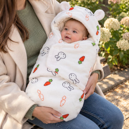 Nid d’ange bébé à motifs lapins et carottes, avec capuche à petites oreilles et rabat frontal, sur les genoux dans un jardin