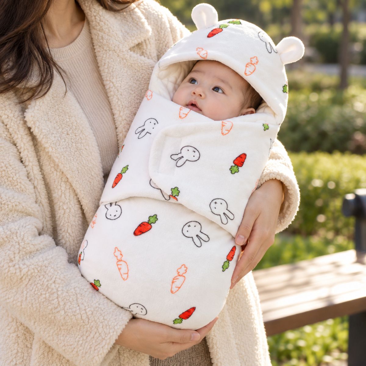 Nid d’ange bébé blanc à motifs lapins et carottes, avec capuche à petites oreilles et rabat frontal, tenu dans les bras