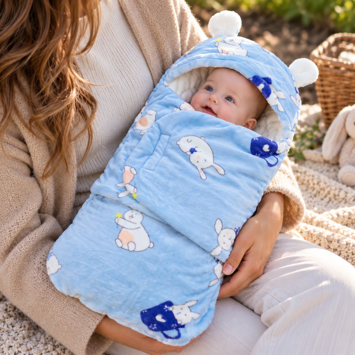 Nid d’ange bébé bleu clair à motifs lapins, avec capuche à petites oreilles et intérieur blanc matelassé, tenu dans les bras près d’un panier en osier