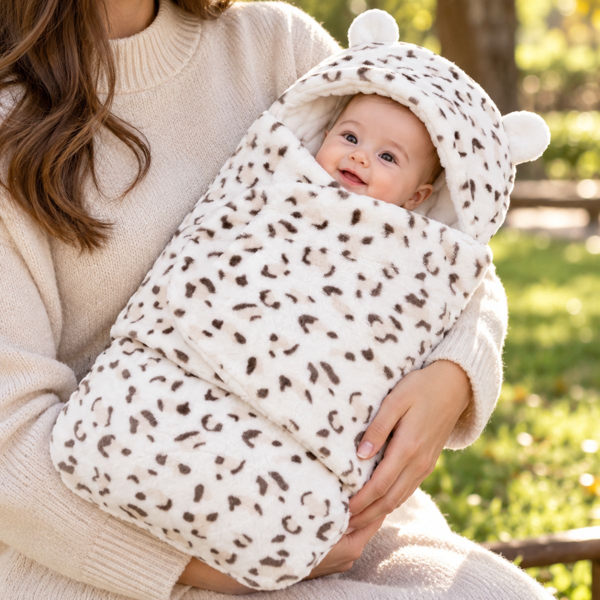Nid d’ange bébé à imprimé léopard clair, avec capuche arrondie à petites oreilles et rabat frontal, sur les genoux d’une femme