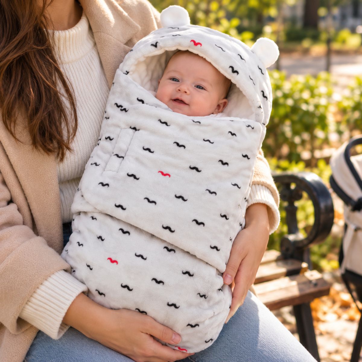 Nid d’ange bébé clair à petits motifs noirs, avec capuche arrondie à deux petites oreilles et rabat frontal, tenu dans les bras
