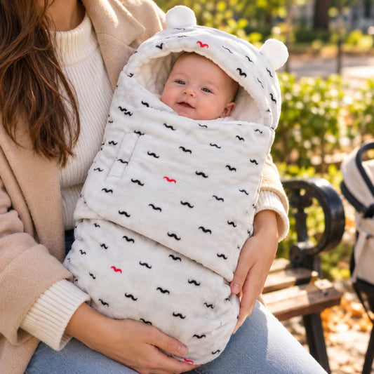 Nid d’ange bébé clair à petits motifs noirs, avec capuche arrondie à deux petites oreilles et rabat frontal, tenu dans les bras