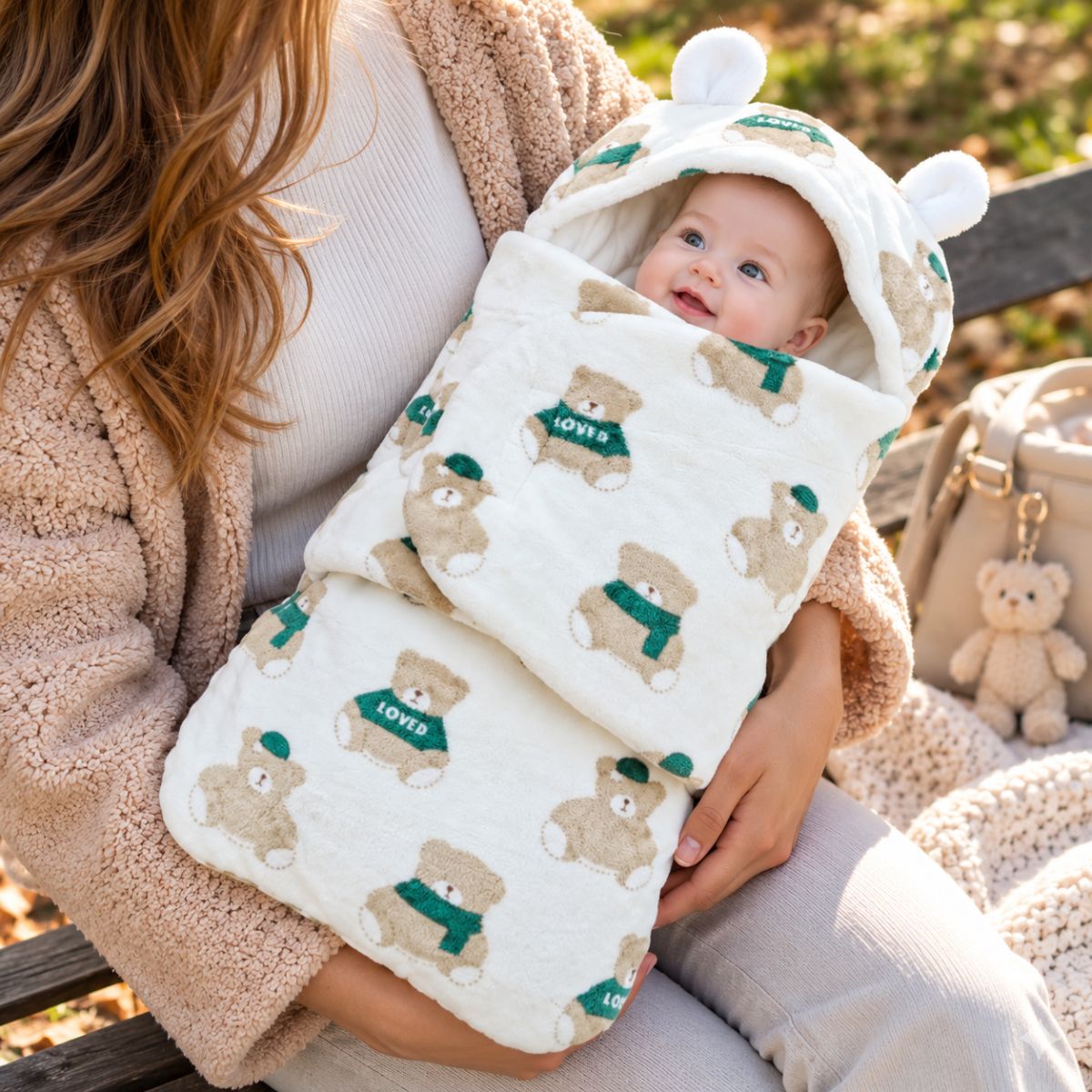 Nid d’ange bébé écru à motifs oursons, avec capuche à petites oreilles blanches et rabat frontal, porté dans les bras
