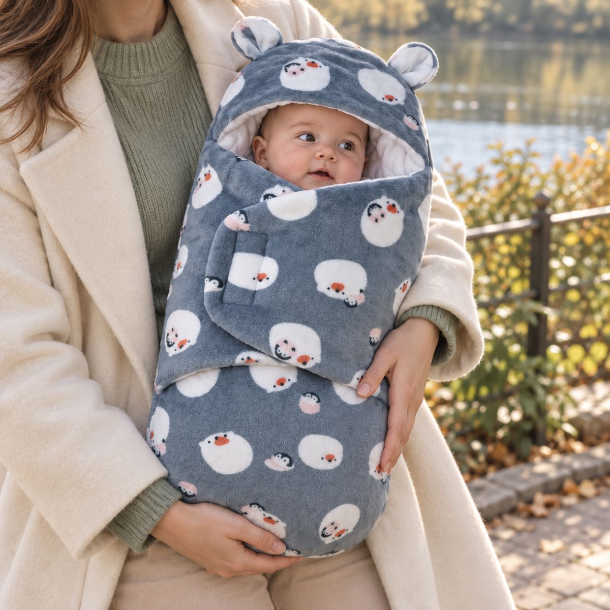 Nid d’ange bébé gris bleuté à petits animaux, avec capuche à petites oreilles et intérieur blanc matelassé, près d’un lac