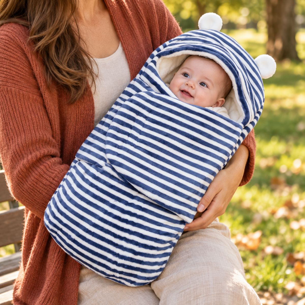 Nid d’ange bébé à rayures bleu marine et blanches, avec capuche à petites oreilles et rabat frontal, sur les genoux d’une femme