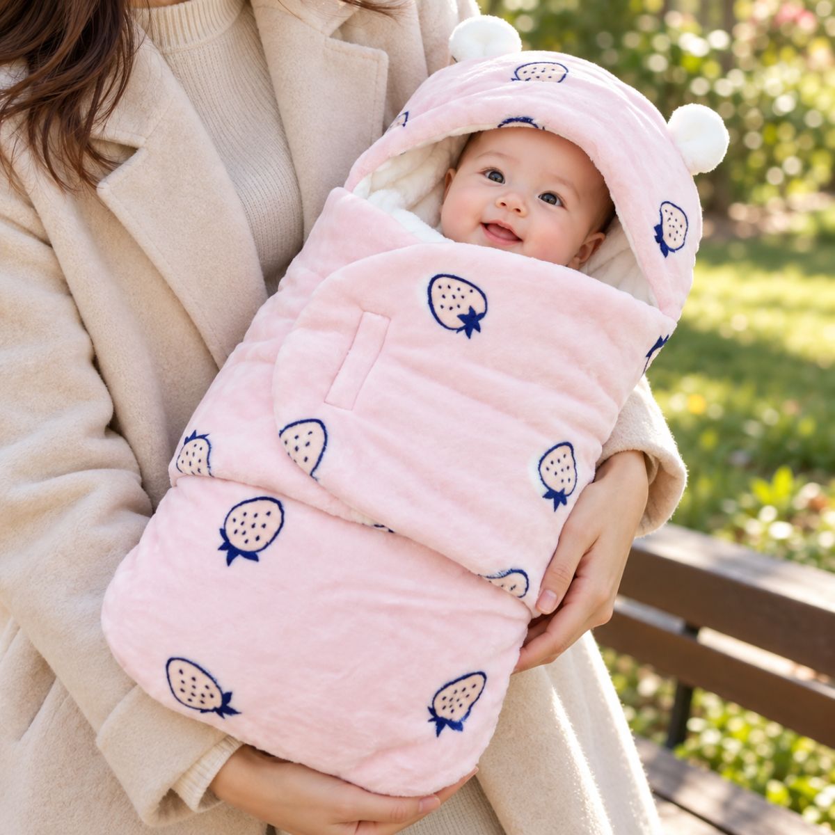 Nid d’ange bébé rose à petits fruits bleu marine, avec capuche à petites oreilles et rabat frontal, porté dans les bras