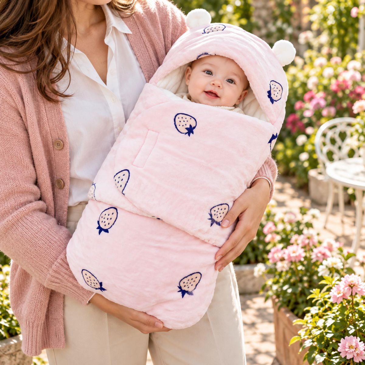 Nid d’ange bébé rose à petits fruits, avec capuche à petites oreilles blanches, tenu par une femme en gilet rose dans un jardin