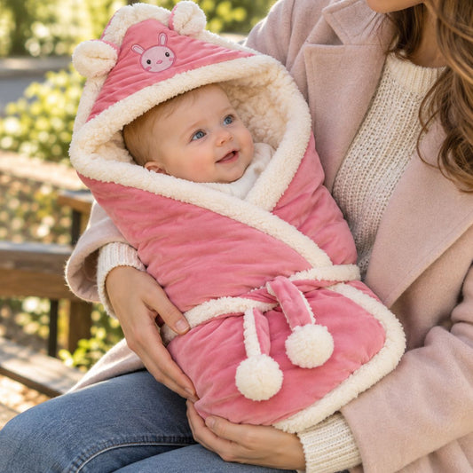 Nid d’ange bébé rose à capuche avec oreilles, pans croisés et pompons blancs, porté dans les bras en extérieur