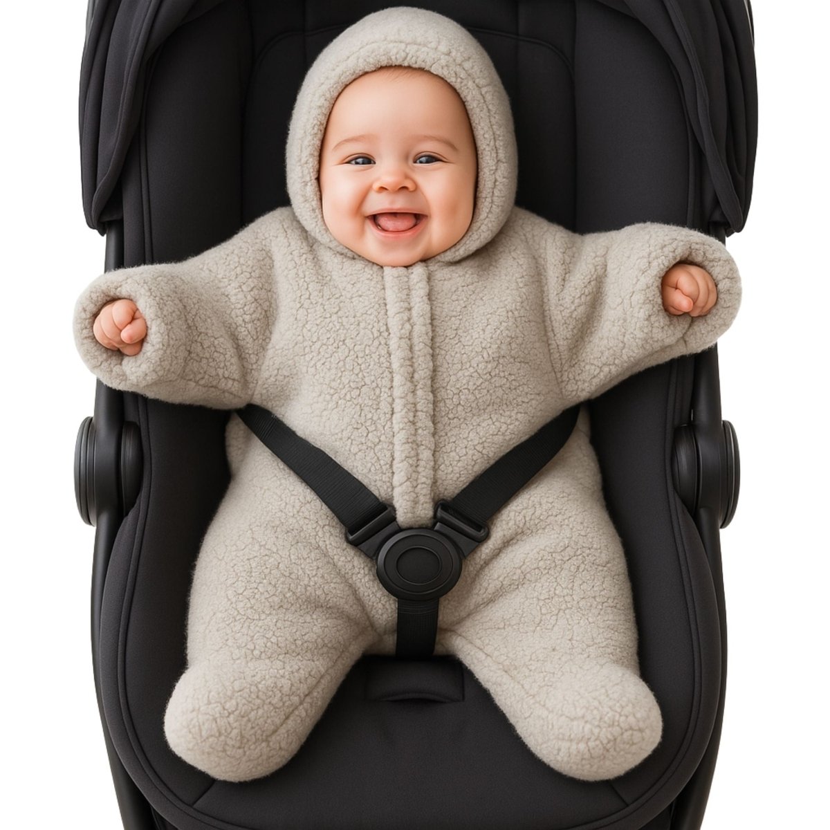 Bébé heureux installé dans un siège auto noir, vêtu d’un nid d’ange bébé matelassé beige avec capuche