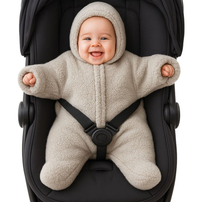 Bébé heureux installé dans un siège auto noir, vêtu d’un nid d’ange bébé matelassé beige avec capuche