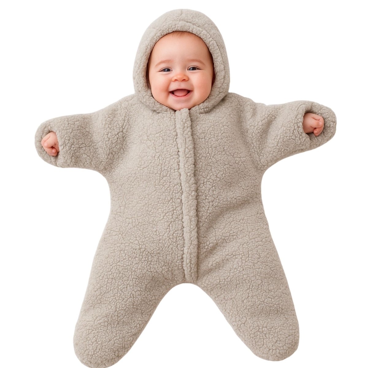 Bébé souriant debout dans un nid d’ange bébé matelassé couleur beige, bras ouverts, sur fond blanc