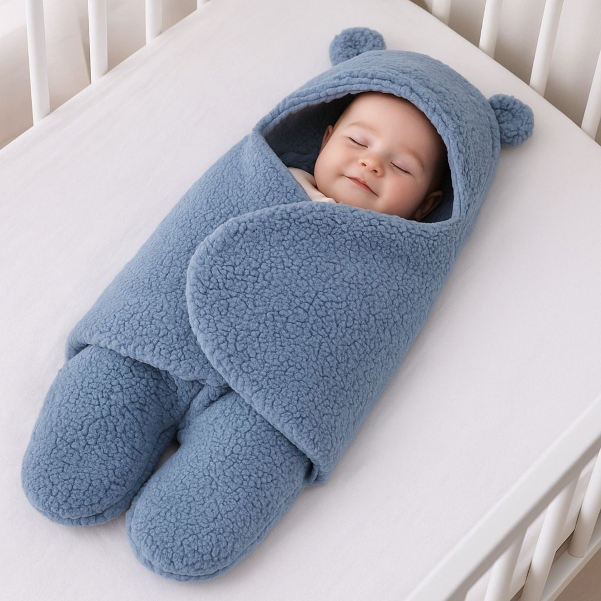 Un nouveau-né endormi paisiblement dans un nid d'ange bebe bleu ciel à capuche, posé sur un matelas blanc.