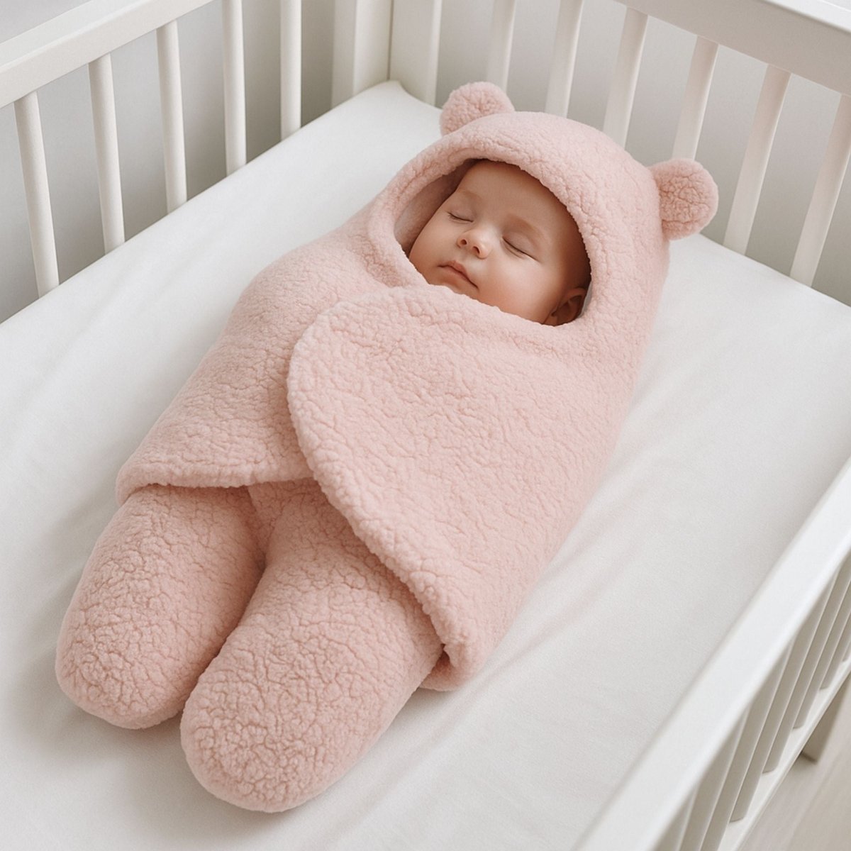 Bébé dormant dans un nid d'ange bebe rose avec capuche oreilles, installé confortablement dans un lit à barreaux.

