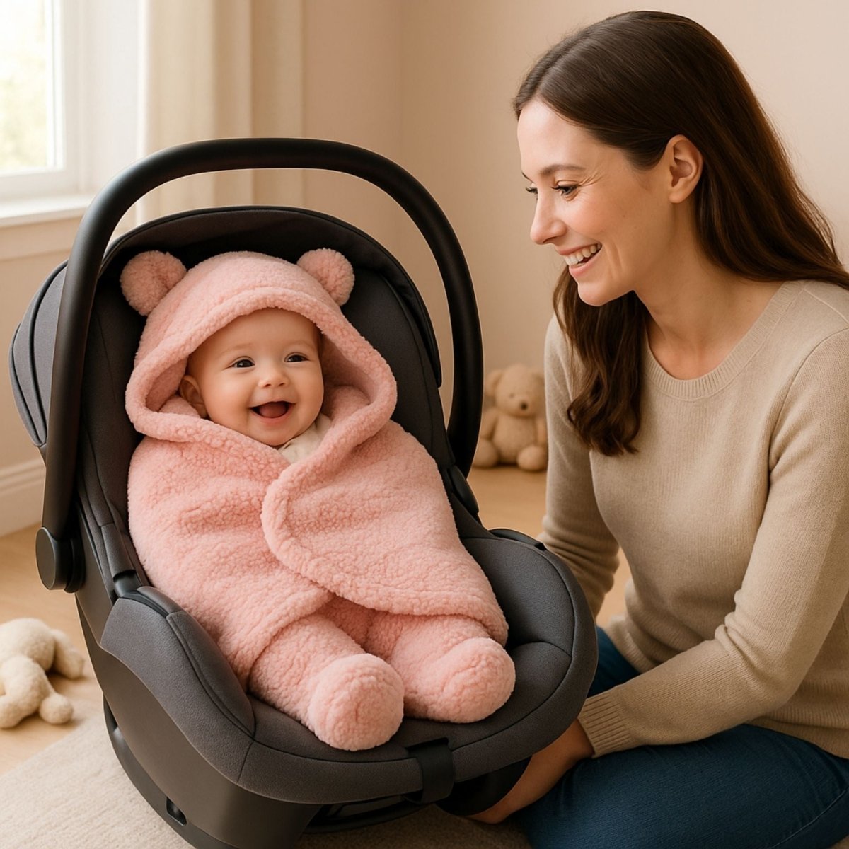 Un bébé souriant installé dans un nid d'ange bebe rose à capuche, attaché dans un siège auto, avec une maman attentive à ses côtés