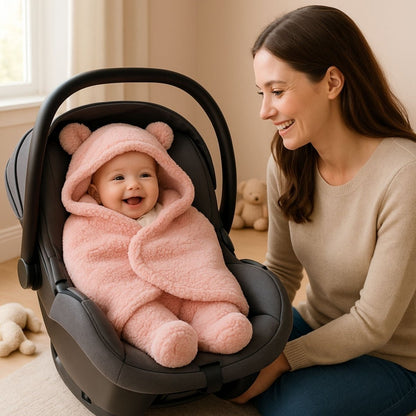 Un bébé souriant installé dans un nid d'ange bebe rose à capuche, attaché dans un siège auto, avec une maman attentive à ses côtés