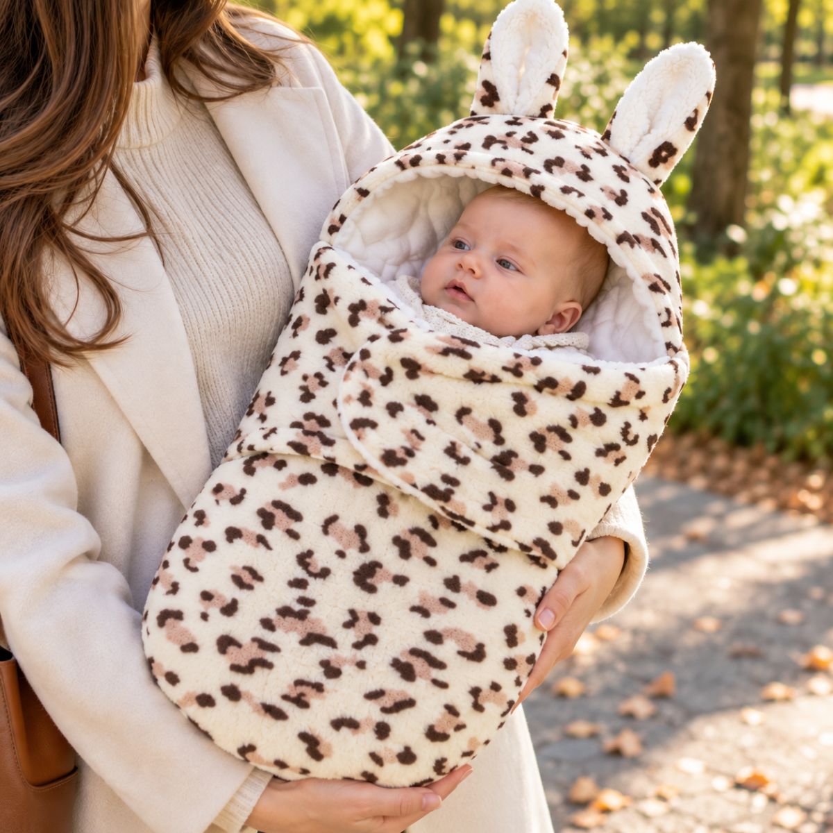 Nid d’ange bébé imprimé léopard clair, capuche à oreilles de lapin, intérieur blanc matelassé et forme enveloppante