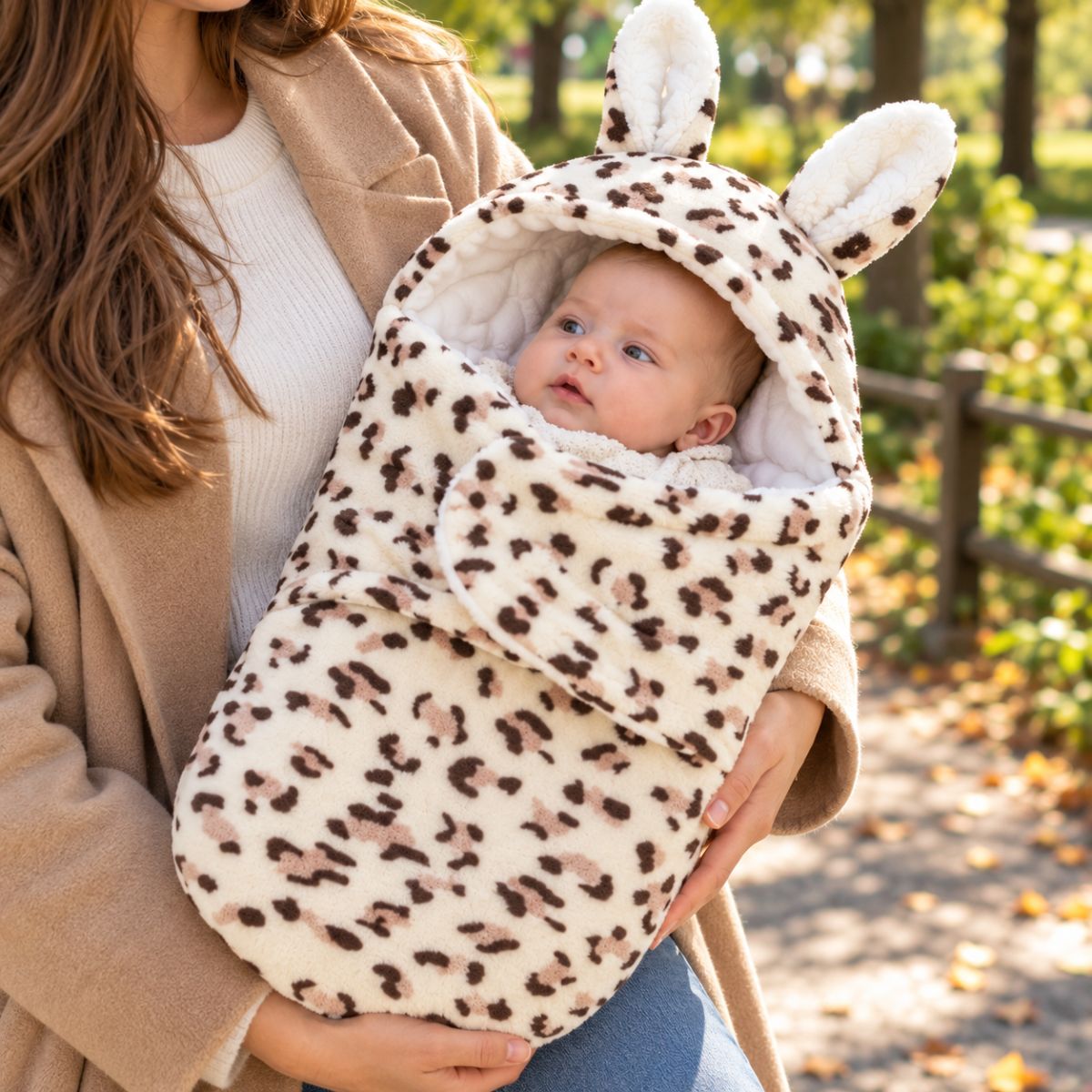 Nid d’ange bébé imprimé léopard clair avec longues oreilles de lapin et rabat frontal, porté par une femme en manteau beige