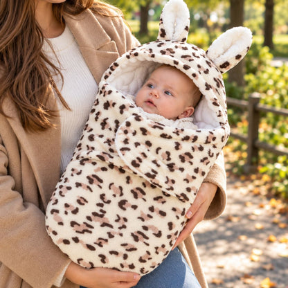 Nid d’ange bébé imprimé léopard clair avec longues oreilles de lapin et rabat frontal, porté par une femme en manteau beige