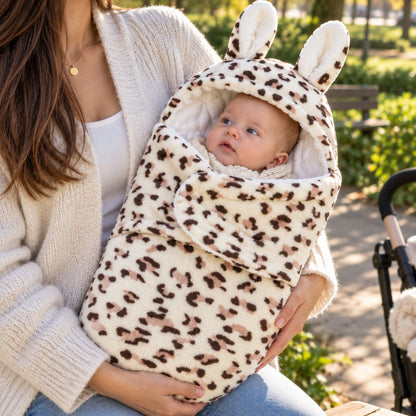 Nid d’ange bébé imprimé léopard clair avec capuche à longues oreilles de lapin et rabat frontal, tenu près d’une poussette