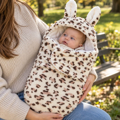 Nid d’ange bébé imprimé léopard clair avec capuche à longues oreilles de lapin et rabat frontal, sur les genoux près d’un banc