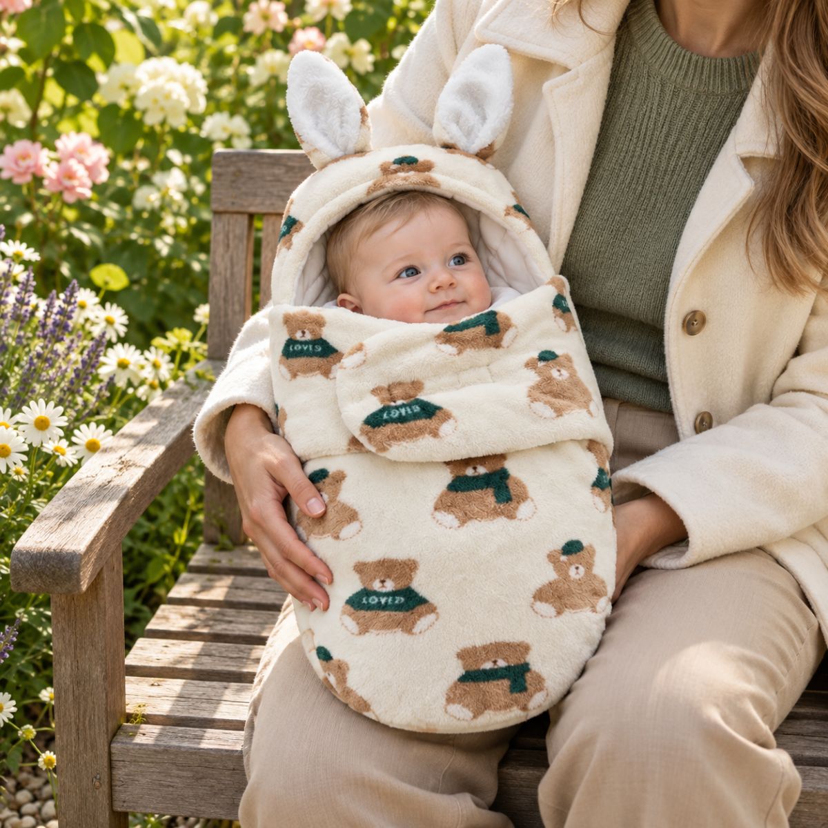 Nid d’ange bébé motif oursons écru avec longues oreilles de lapin et rabat frontal, sur les genoux dans un jardin fleuri
