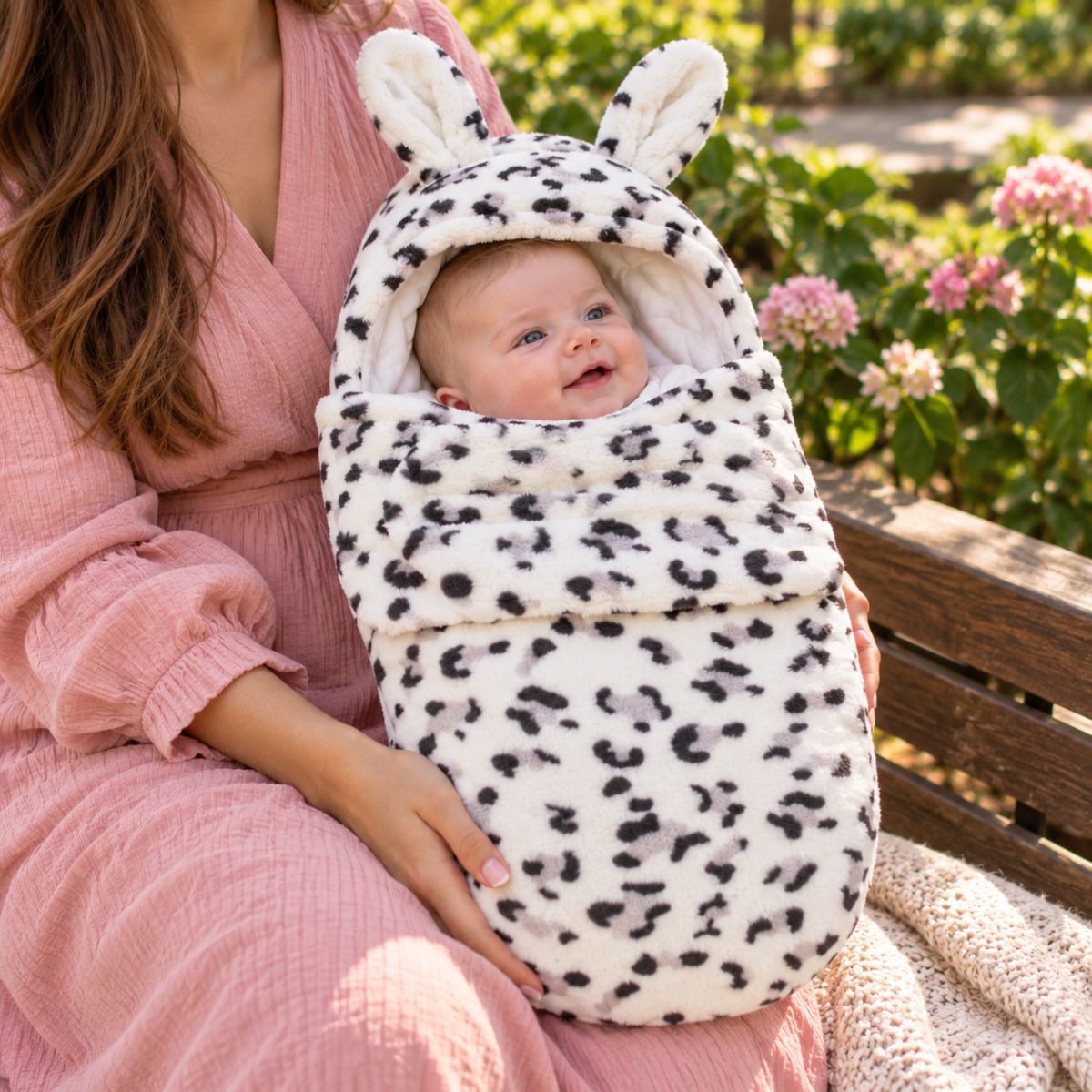 Nid d’ange bébé léopard gris avec capuche à oreilles de lapin et forme enveloppante, sur les genoux dans un jardin