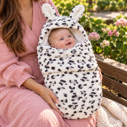 Nid d’ange bébé léopard gris avec capuche à oreilles de lapin et forme enveloppante, sur les genoux dans un jardin