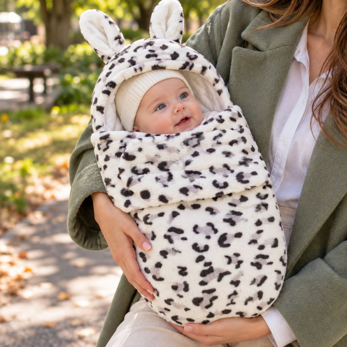 Nid d’ange bébé imprimé léopard gris avec capuche à longues oreilles de lapin et rabat frontal, porté en extérieur