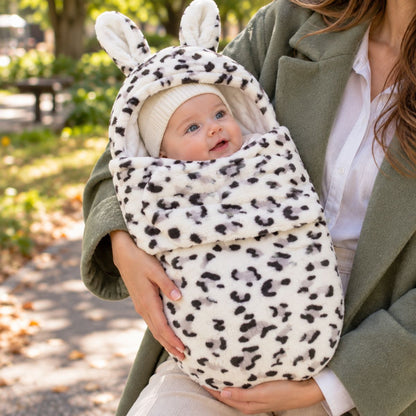Nid d’ange bébé imprimé léopard gris avec capuche à longues oreilles de lapin et rabat frontal, porté en extérieur