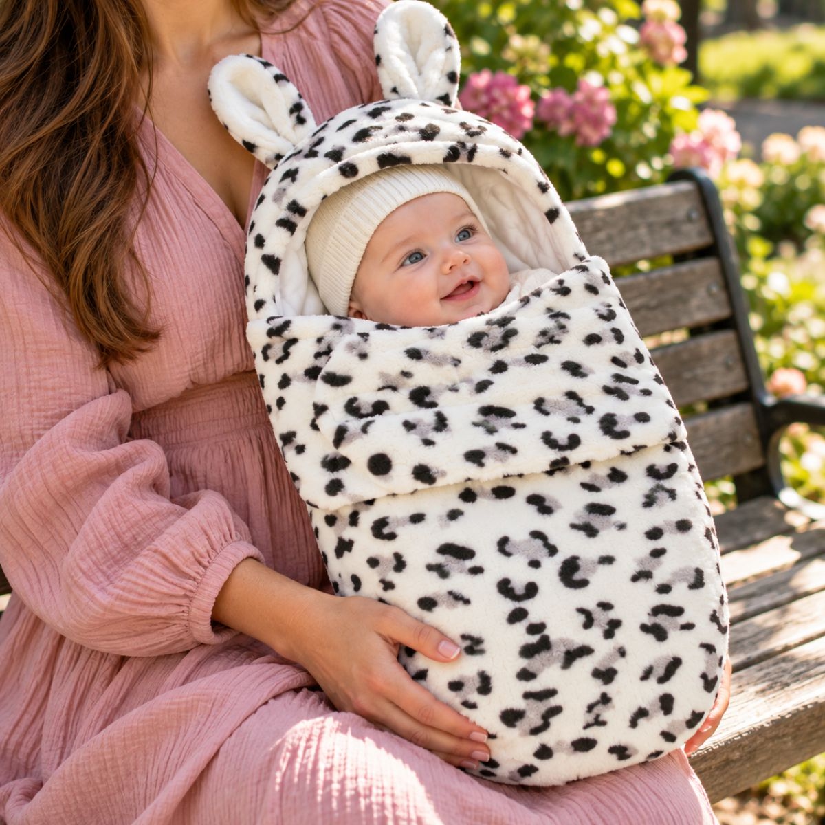Nid d’ange bébé imprimé léopard gris, longues oreilles de lapin, intérieur blanc matelassé et rabat frontal
