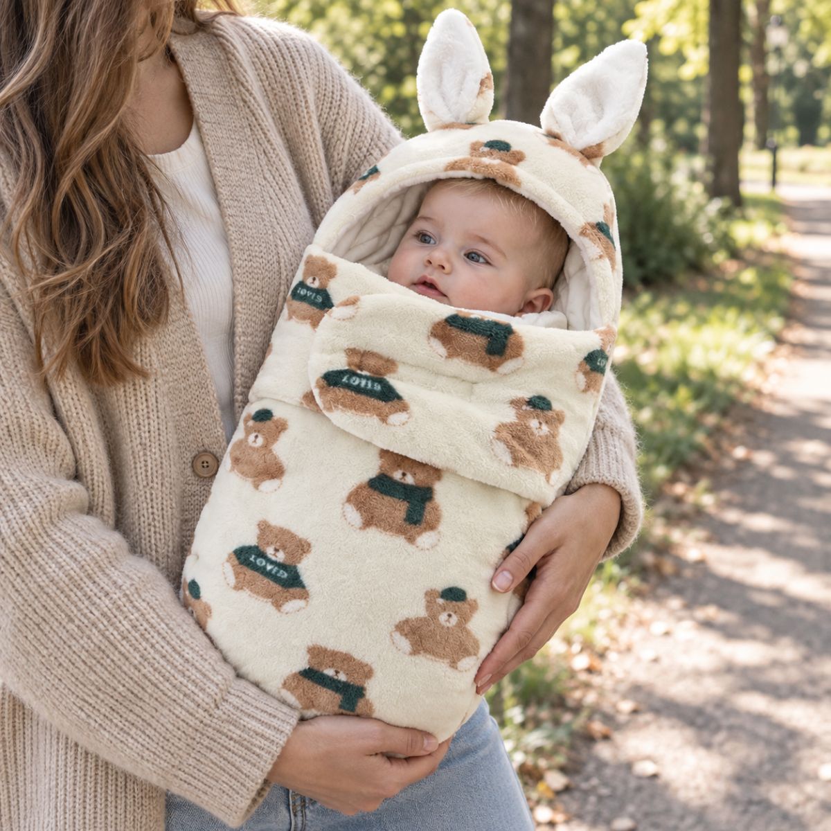 Nid d’ange bébé motif oursons écru avec capuche à longues oreilles de lapin et rabat frontal, tenu dans les bras