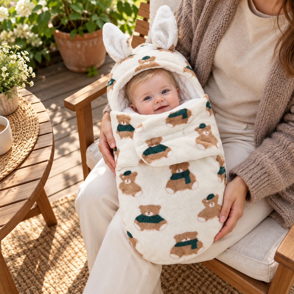 Nid d’ange bébé motif oursons écru avec capuche à oreilles de lapin et rabat frontal, sur les genoux d’une femme en terrasse