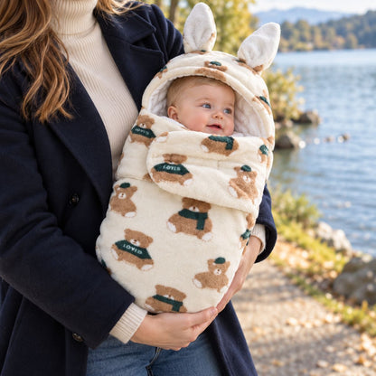 Nid d’ange bébé motif oursons écru à capuche avec longues oreilles de lapin, porté près d’un lac par une femme en manteau bleu