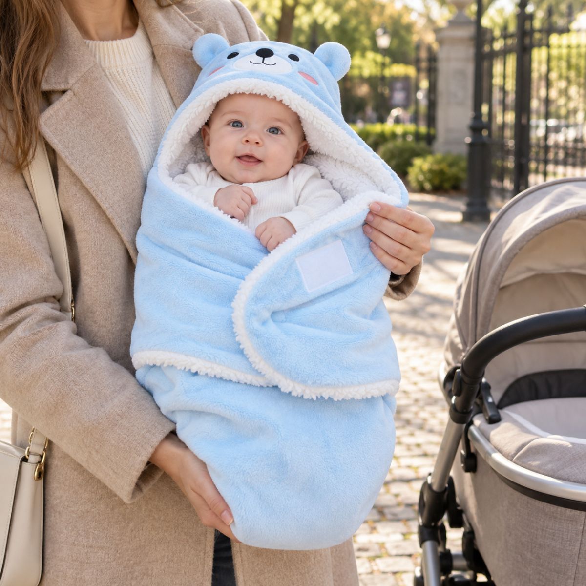 Nid d'ange bleu à motif ourson près d'une poussette avec fermeture Velcro visible sur le pan