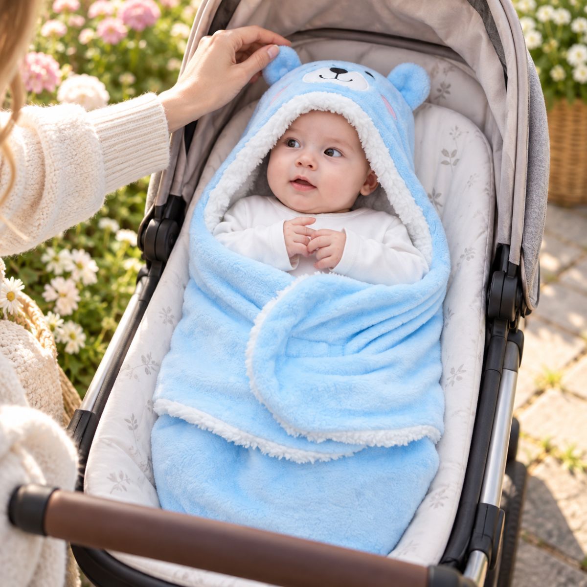 Nid d'ange bleu à motif ourson installé dans une poussette avec oreilles d'ourson visibles