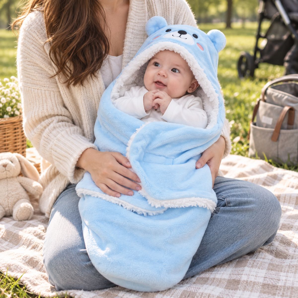 Nid d'ange bleu à motif ourson avec pans rabattables et fermeture Velcro visible