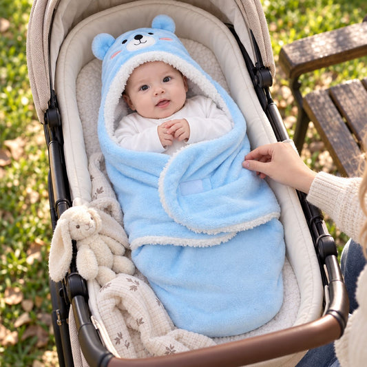 Nid d'ange bleu à motif ourson installé dans une poussette avec pans rabattables visibles