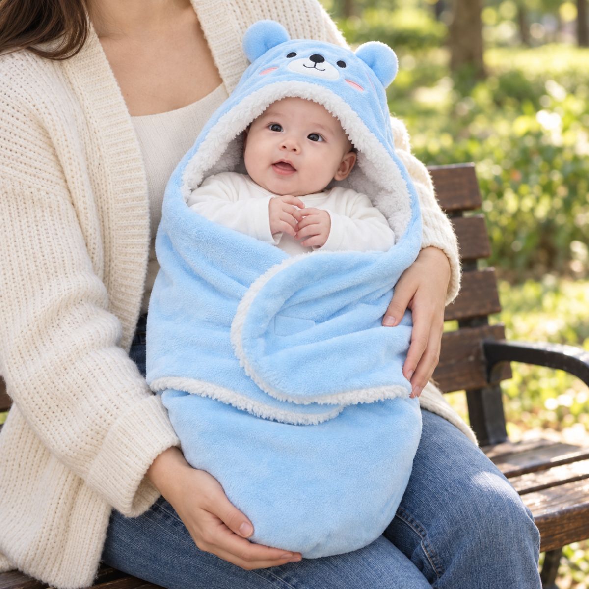 Nid d'ange bleu à motif ourson avec visage d'ourson, oreilles visibles et détails blancs