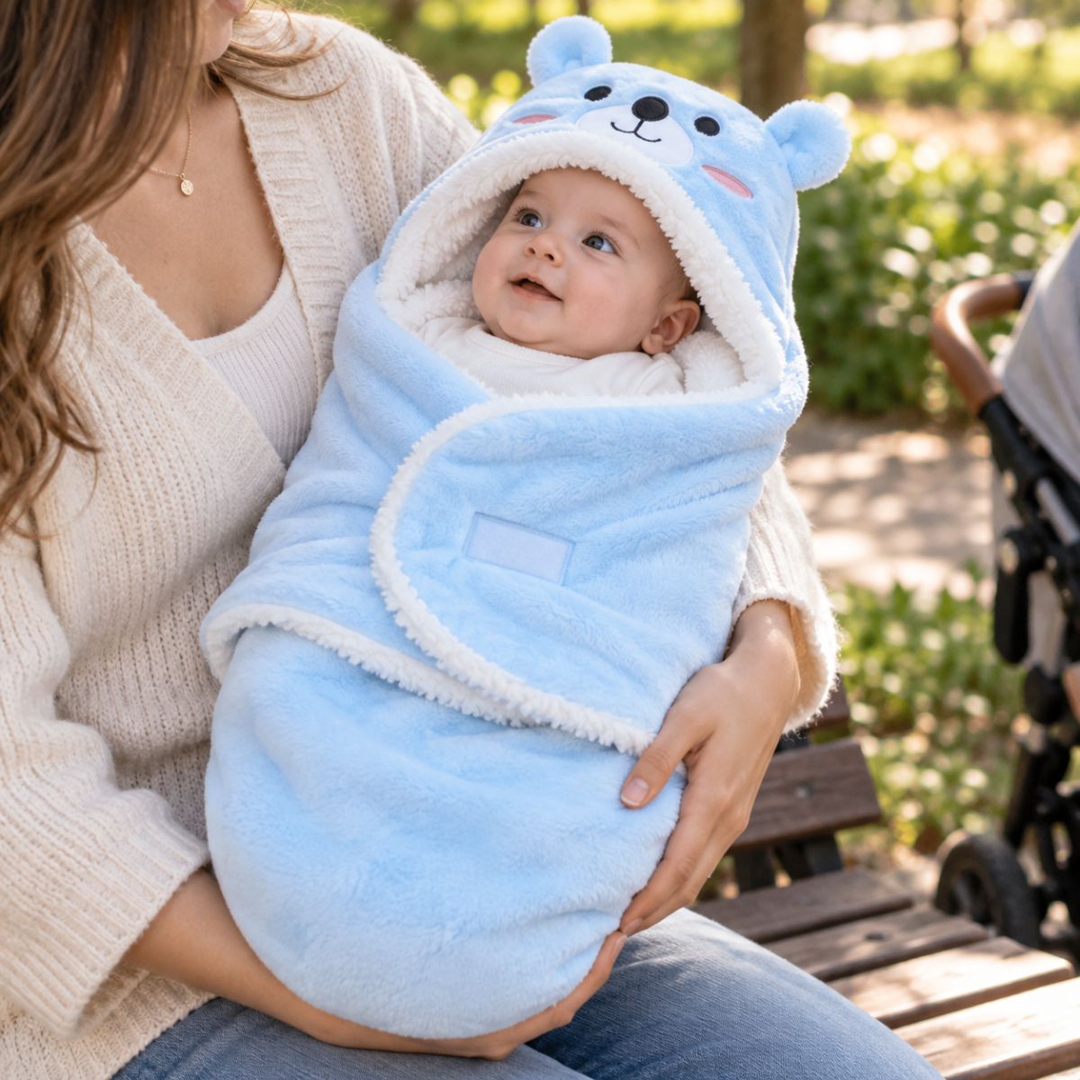 Nid d'ange bleu à motif ourson porté dans les bras, avec poussette visible en arrière-plan