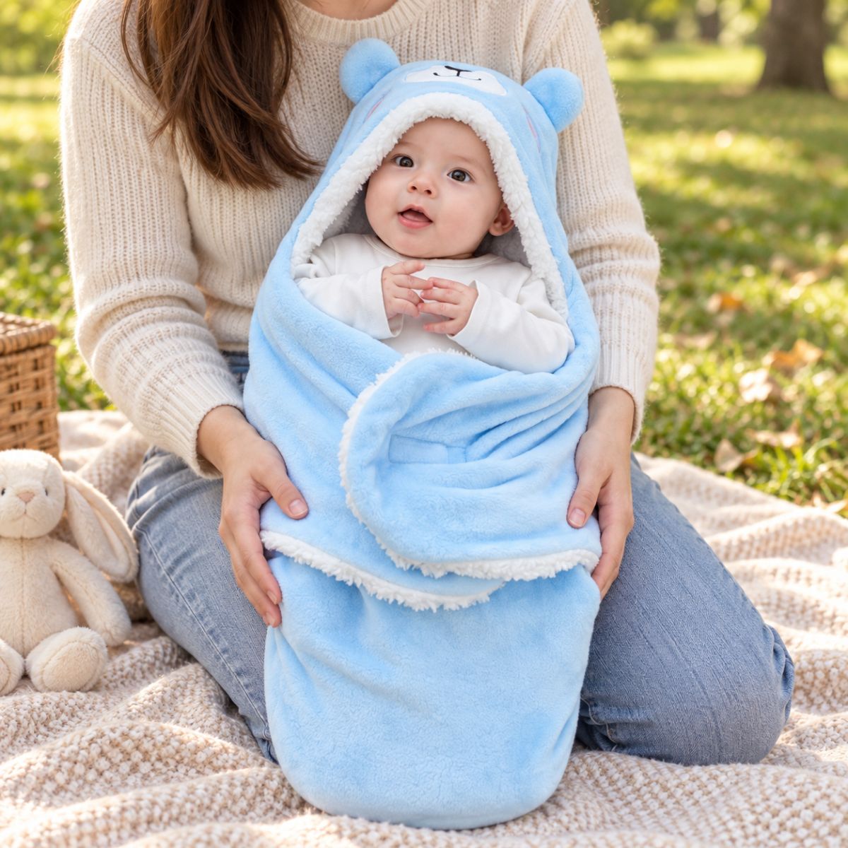 Nid d'ange bleu à motif ourson avec forme enveloppante et pans rabattables en extérieur