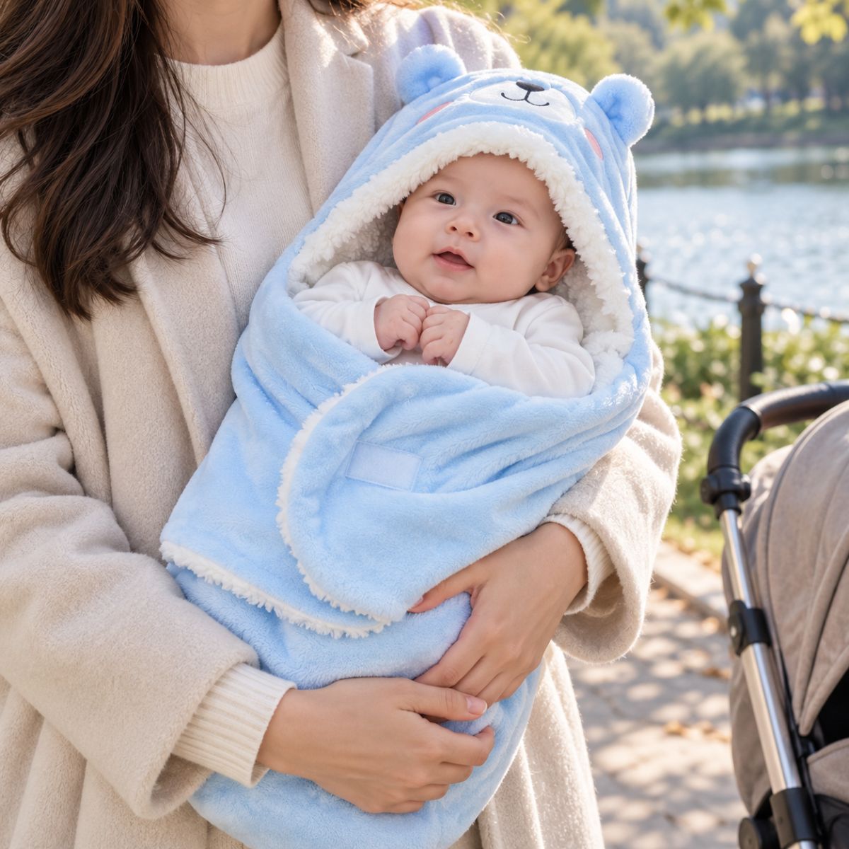 Nid d'ange bleu à motif ourson porté près d'une poussette avec conception enveloppante