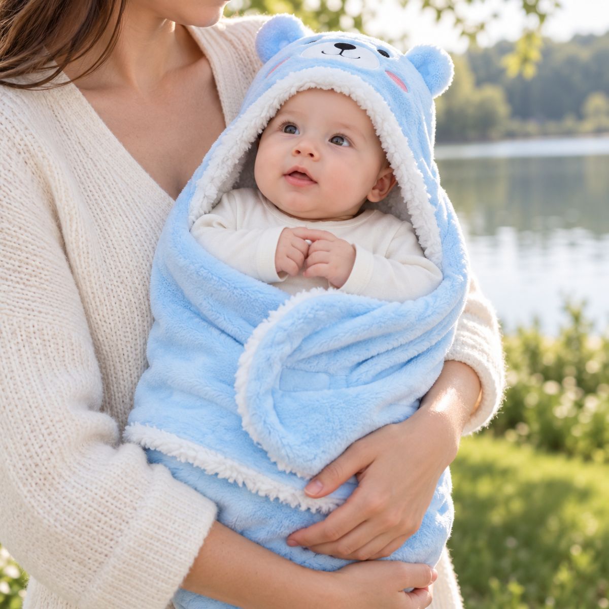 Nid d'ange bleu à motif ourson porté dans les bras avec détails blancs et oreilles visibles