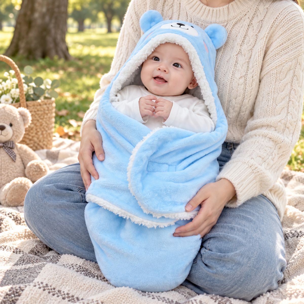 Nid d'ange bleu à motif ourson avec forme enveloppante et fermeture Velcro visible