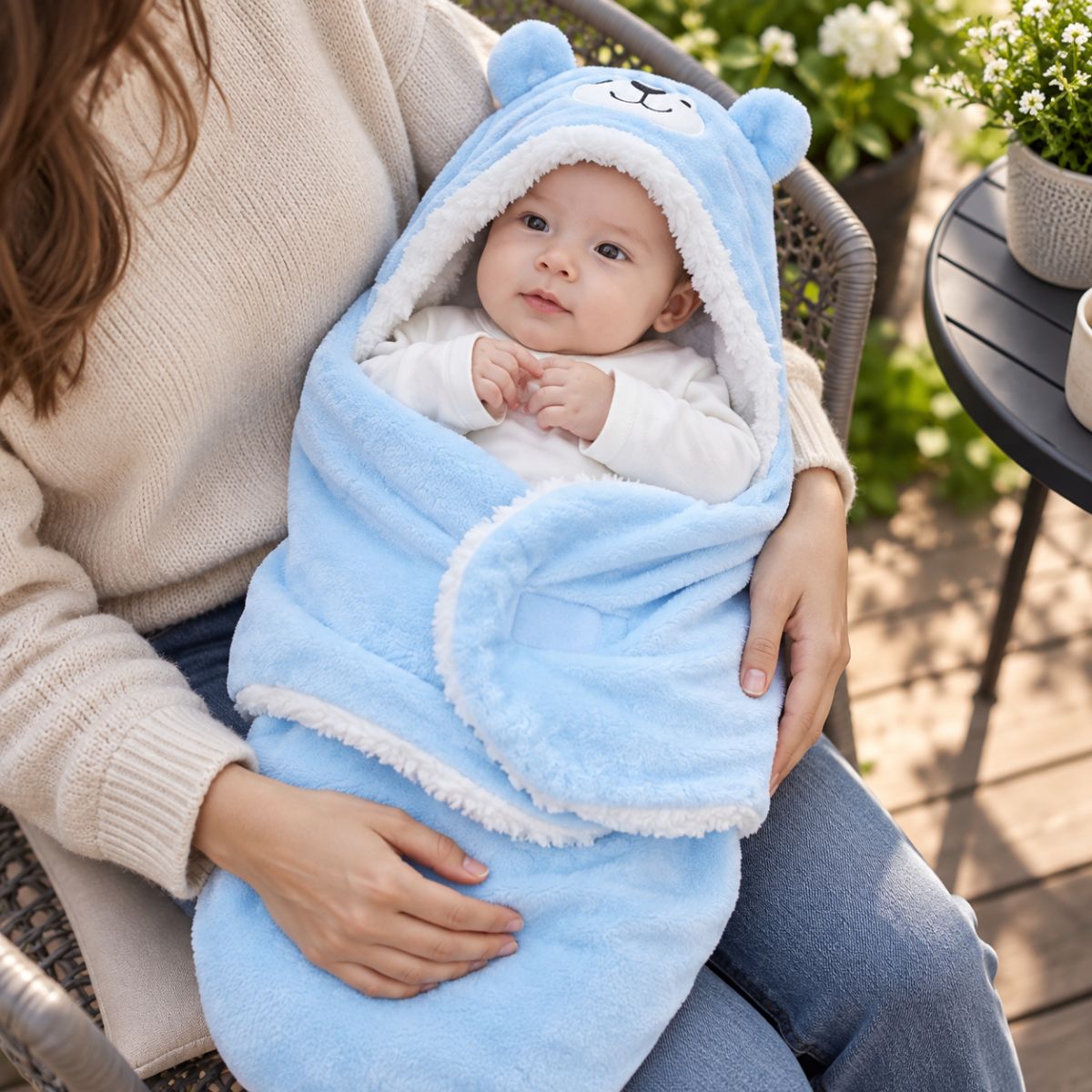 Nid d'ange bleu à motif ourson avec forme enveloppante, pans rabattables et détails blancs