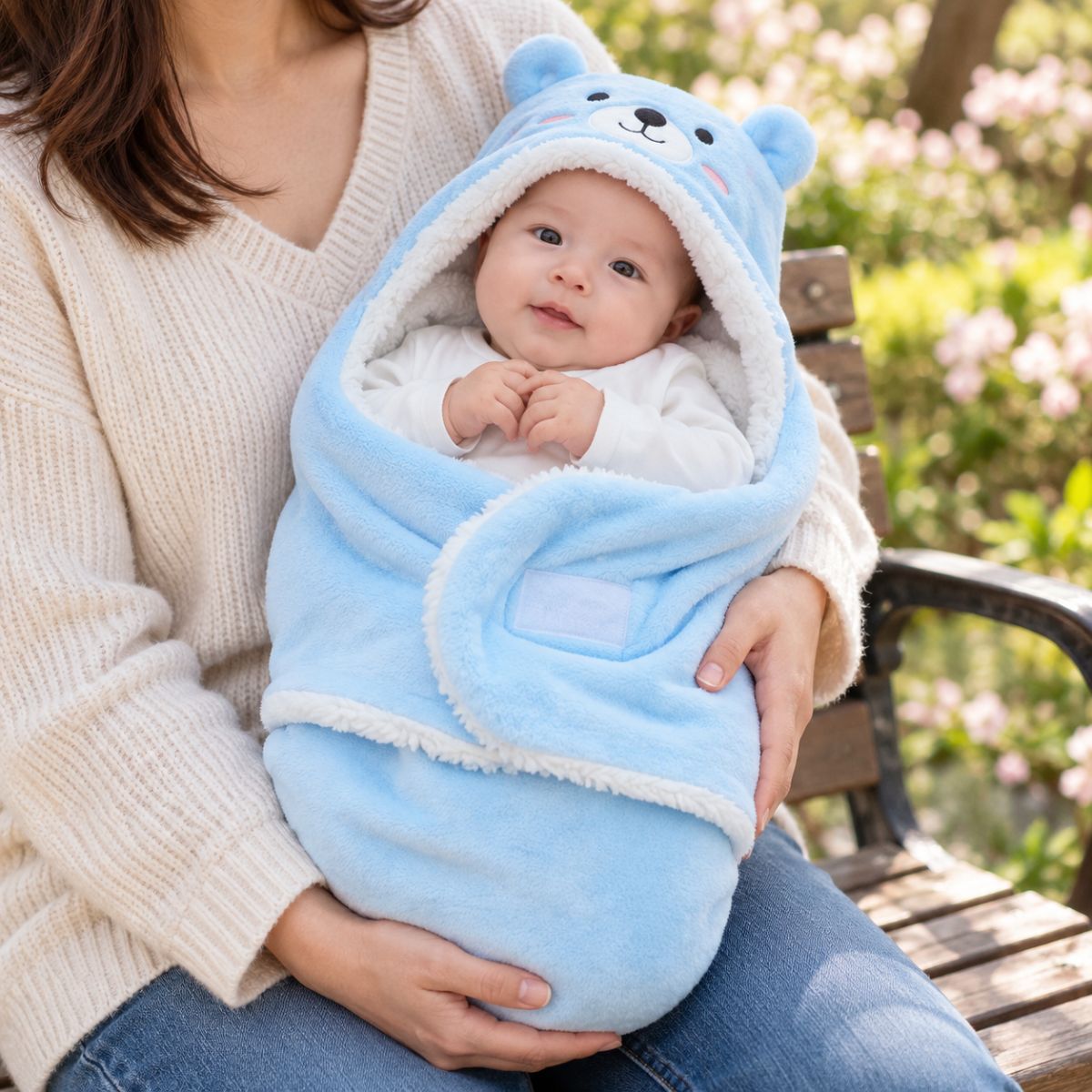 Nid d'ange bleu à motif ourson avec oreilles visibles et pans rabattables sur le devant